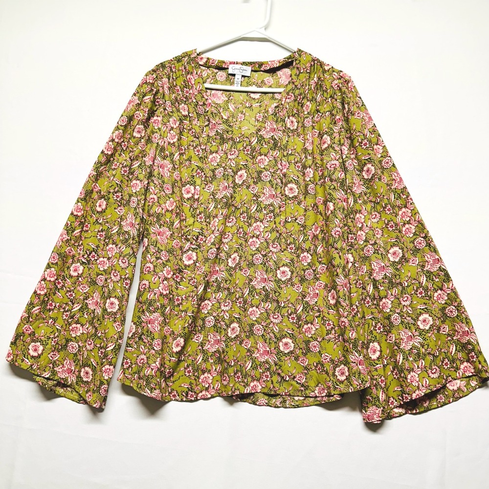 Jessica Simpson Kimono Sleeves Green Pink Chintz‎ Print Pleated Swing Top Medium - Picture 5 of 7